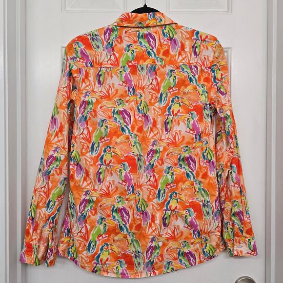 J.McLaughlin Parrot Print Button Down Shirt Sz S Tropical Orange Coastal Resort - Picture 4 of 8